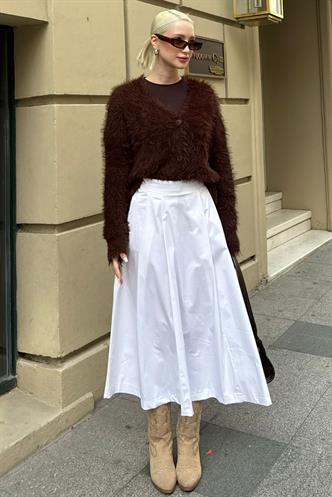 Beyaz Pileli Cepli Kadın Midi Boy Etek Mg2536