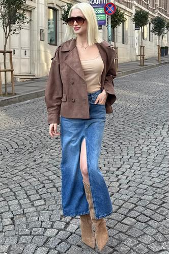 Mavi Önü Yırtmaçlı Kadın Kot Etek Mg2517