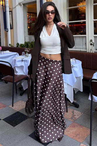 Kahverengi Puantiyeli Maxi Kadın Saten Etek MG2725