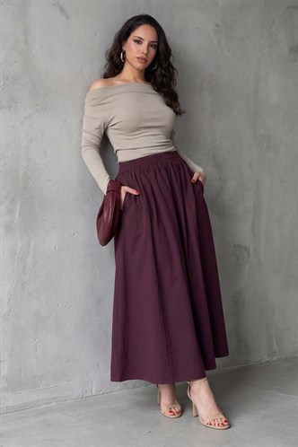 Mürdüm Beli Lastikli Midi Boy Kadın Etek MG2616