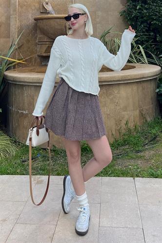 Bordo Ekose Desen Kadın Pileli Etek MG2248