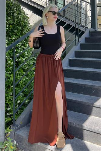 Kahverengi Beli Lastikli Yırtmaçlı Uzun Kadın Etek MG2062