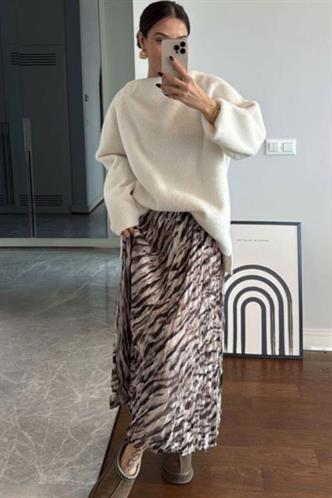 Gri Zebra Desen Kadın Midi Etek MG2265