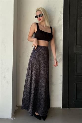 Siyah Desenli Saten Kadın Uzun Etek Mg2333