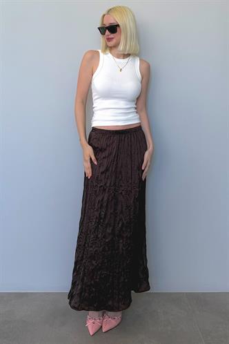 Kahverengi  Kırışık Desen Kadın Saten Etek Mg2468