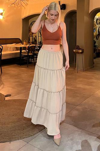 Bej Basic Pileli Kadın Uzun Etek