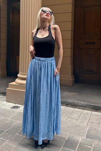 Bebe Mavisi Vual Kumaş Basic Kadın Uzun Boy Kadın Etek Mg2366