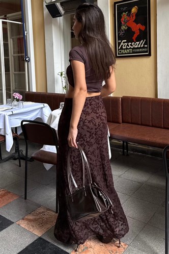 Kahverengi Flok Baskılı Tül Etek MG2711