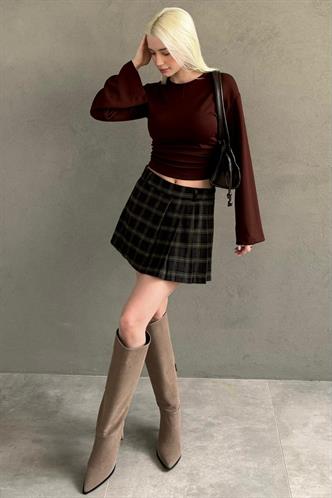 Kahverengi %100Pamuklu Ekose Desen Pileli Mini Şort Etek MG2629