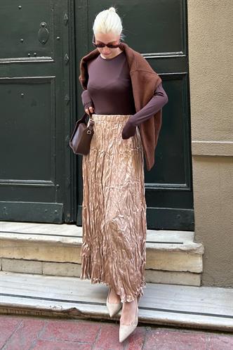 Parlak Bej  Kırışık Desen Kadın Etek MG2290