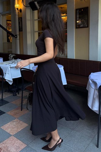 Kahve/Siyah Kare Desenli Midi Kadın Etek MG2617