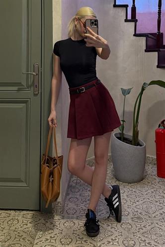 Bordo Pileli Kadın Mini Şort Etek Mg2402
