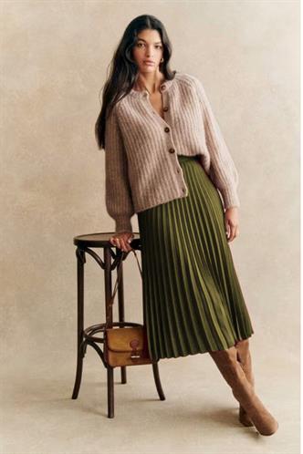 Haki Pileli Kemerli Uzun Süet Kadın Etek MG2576