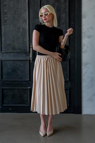 Bej Pileli Midi Boy Kadın Etek Mg2393