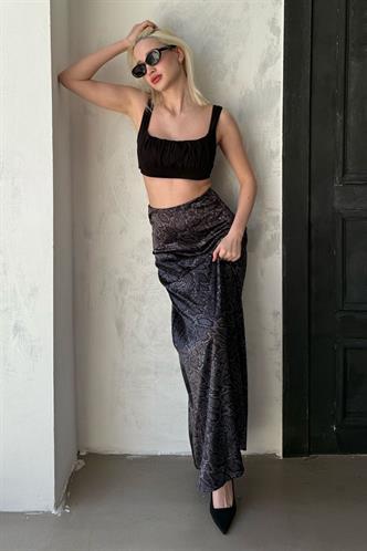 Siyah Desenli Saten Kadın Uzun Etek Mg2333