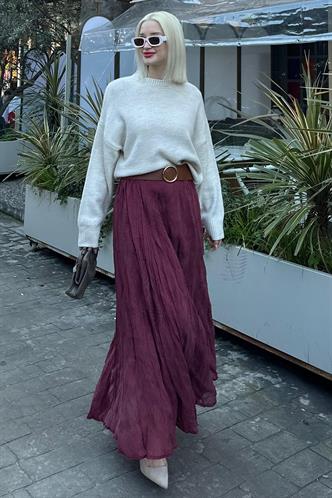 Bordo Kırışık Desen Midi Boy Kadın Etek MG2266