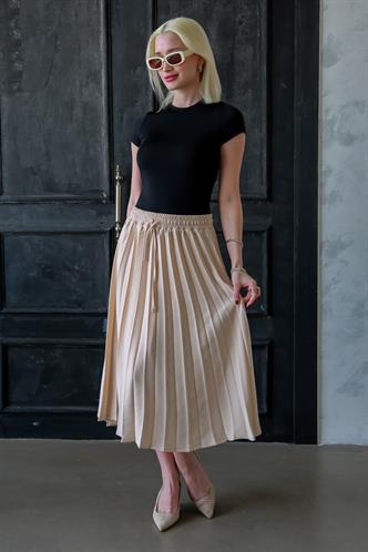 Bej Pileli Midi Boy Kadın Etek Mg2393