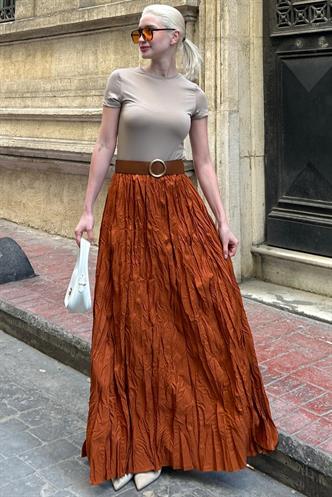 Kiremit Beli Lastikli Buruşuk Mikro Uzun Kadın Etek MG2155