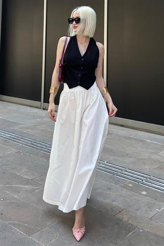 Beyaz Basic Yırtmaçlı Midi Etek MG2092