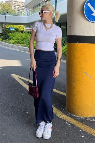 Lacivert Yandan Büzgülü Maxi Etek MG2085