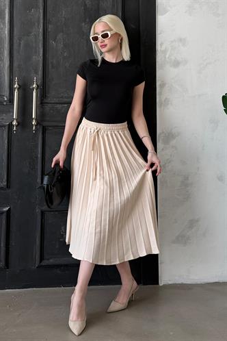 Bej Pileli Midi Boy Kadın Etek Mg2393