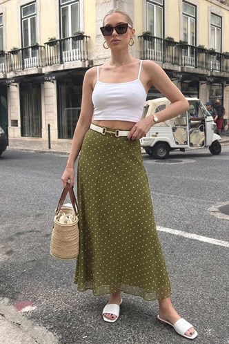 Haki Minimal Puantiye Desen Şifon Astarlı Etek MG2821