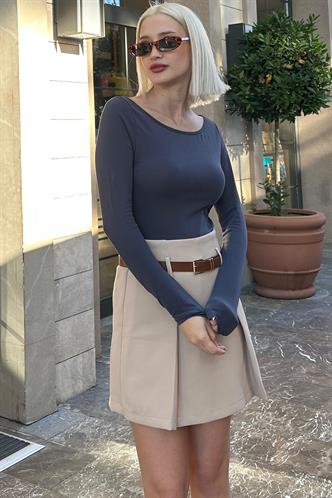 Ekru Pileli Kemerli Şortlu Kadın Etek MG2247