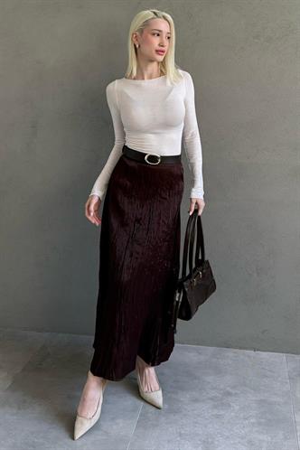 Kahverengi Kırışık Desen Kemerli Cepli Uzun Etek MG2661