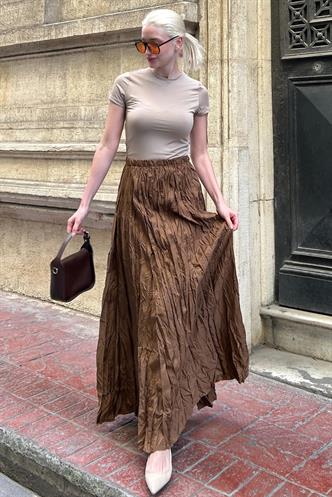 Kahverengi Kırışık Desen Midi Boy Kadın Etek MG2266