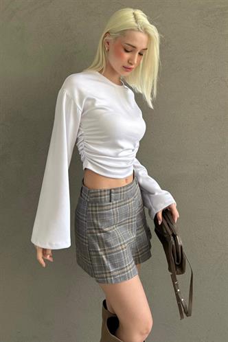 Gri %100Pamuklu Ekose Desen Pileli Mini Şort Etek MG2629