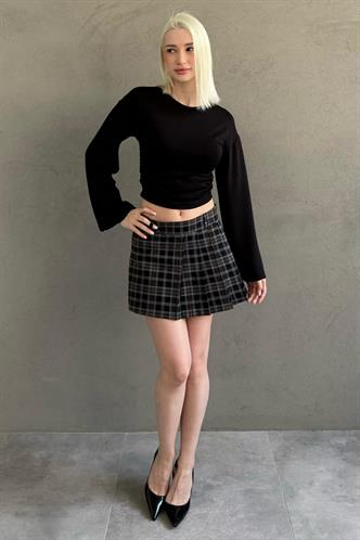 Siyah %100Pamuklu Ekose Desen Pileli Mini Şort Etek MG2629