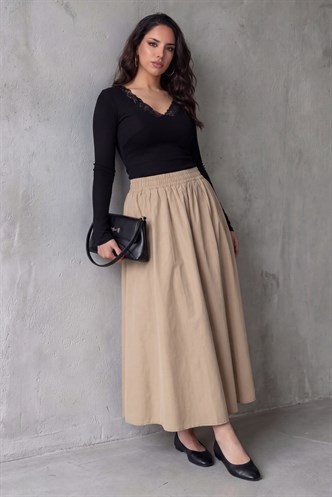 Bej Beli Lastikli Midi Boy Kadın Etek MG2616