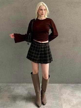 Kahverengi %100Pamuklu Ekose Desen Pileli Mini Şort Etek MG2629