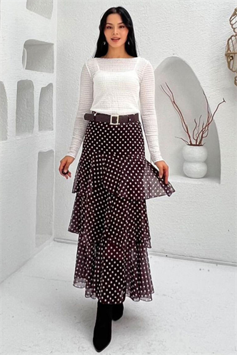 Kahverengi/Beyaz Kemerli Yırtmaçlı Puantiye Desen Volanlı Etek MG2715 