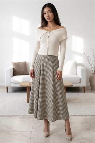 Bej/Haki Kare Desenli Midi Kadın Etek MG2617