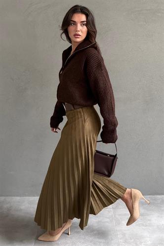 Haki Pileli Kemerli Uzun Süet Kadın Etek MG2576