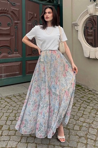 Ekru Çiçek Desenli Vintage Şifon Maxi Etek MG2776