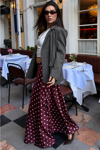 Bordo Puantiyeli Maxi Kadın Saten Etek MG2725