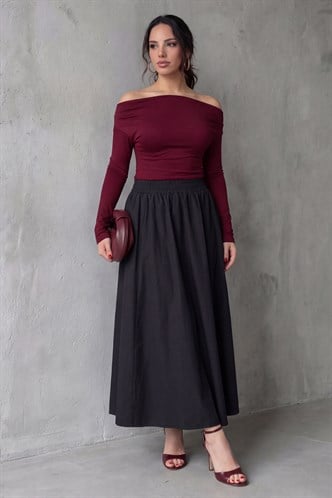 Siyah Beli Lastikli Midi Boy Kadın Etek MG2616