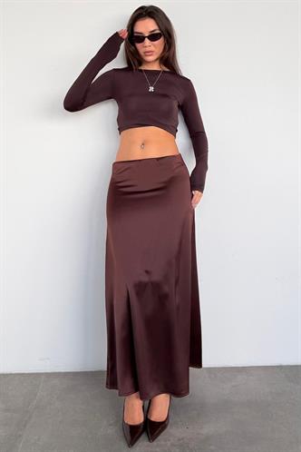 Acı Kahve Saten Midi Boy Şık Kadın Etek MG2637