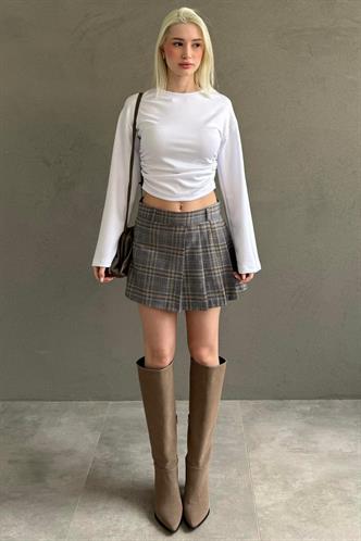 Gri %100Pamuklu Ekose Desen Pileli Mini Şort Etek MG2629