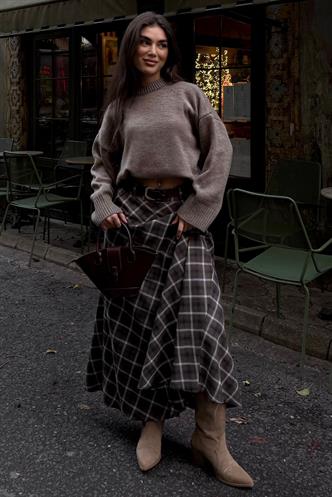 Kahverengi Ekose Desenli Cepli Kemerli Uzun Kadın Etek MG2636