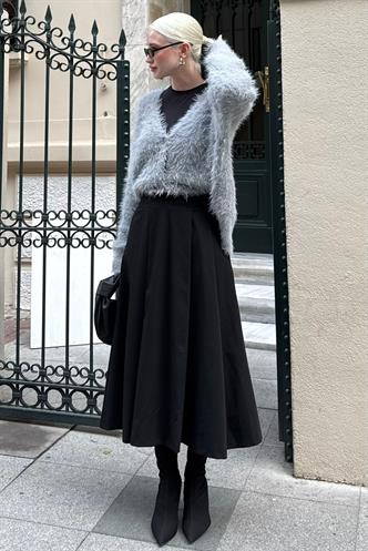 Siyah Pileli Cepli Kadın Midi Boy Etek Mg2536