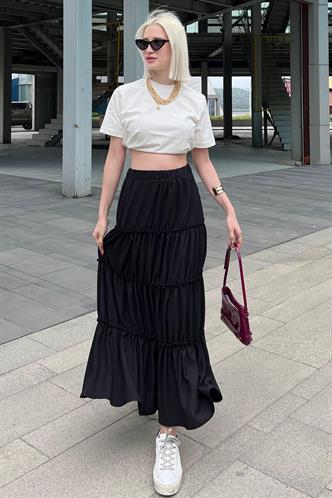 Siyah Basic Uzun Pileli Kadın Etek MG2071