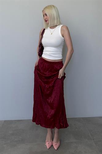 Bordo Kırışık Desen Kadın Saten Etek Mg2468