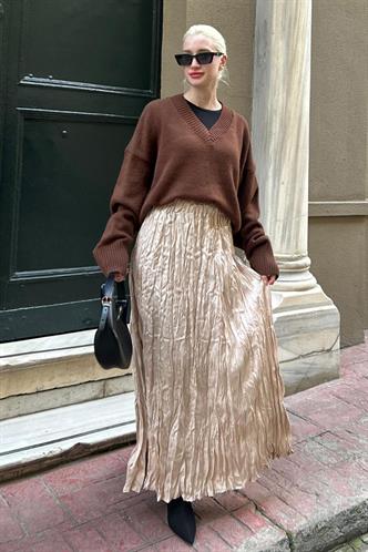 Parlak Taş Rengi Kırışık Desen Kadın Etek MG2290