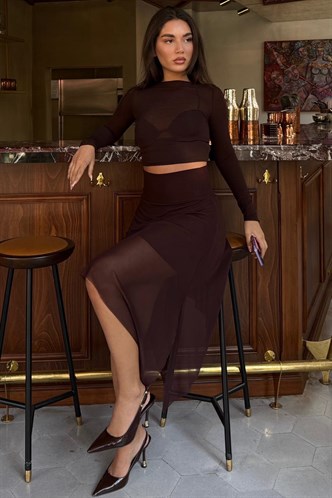 Kahverengi Şifon Asimetrik Kesim Midi Etek MG2777