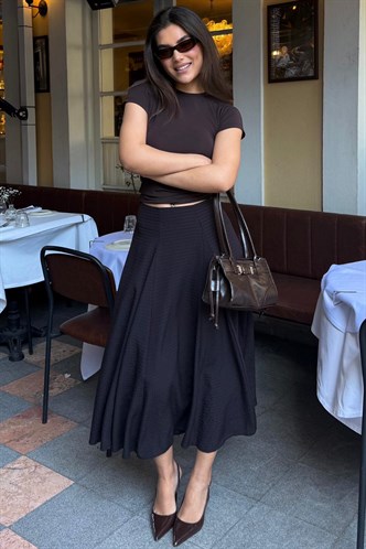 Kahve/Siyah Kare Desenli Midi Kadın Etek MG2617