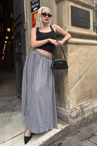 Gri Vual Kumaş Basic Kadın Uzun Boy Kadın Etek Mg2366