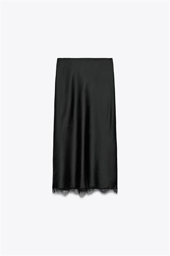 Siyah Saten Dantelli Midi Boy Kadın Etek Mg2538